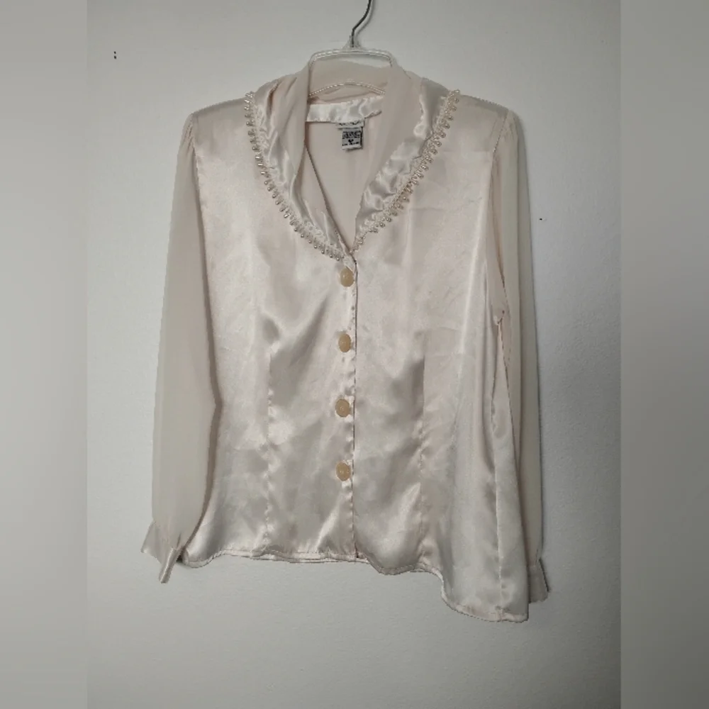 Vintage Nicola Satin Button Up Bead Shawl Collar Sheer Long Sleeve - Picture 1 of 5